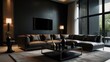 © Lycee - Luxurious living room with a stunning deep black color palette. Luxury leather sofa, decorated with soft cushions. Textured wall panels and a flickering fireplace create a warm and inviting atmosphere