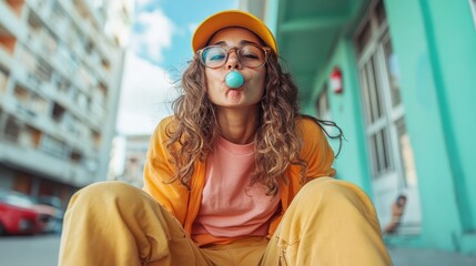 A woman in bright attire and glasses blows a blue bubblegum on a lively street background, capturing a playful and carefree urban moment in vibrant colors.