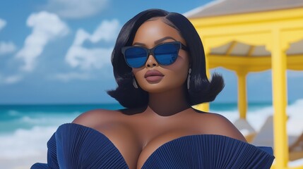 Confident plus-size woman in a stylish navy swimsuit relaxes in front of a beach cabana on a sunny day