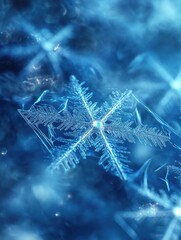 Poster - Beautiful snowflakes glimmer in a winter landscape, showcasing intricate designs and vibrant blue hues against a shimmering background. Generative AI