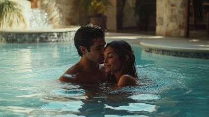 A romantic moment in a luxurious pool as a couple connects in a serene embrace under the warm sun