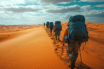 Wall Mural - a migrant crossing a treacherous desert, showing the dangerous journeys people take to escape dire c