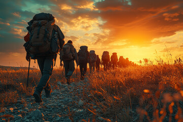 Wall Mural - a group of refugees crossing a border, symbolizing the human impact of global migration. concept of 