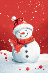 Wall Mural - A cheerful snowman wearing a red scarf and hat celebrates Christmas in a snowy winter landscape