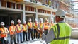 © aubriella - A project manager conducting a safety briefing with construction crews in full protective gear at a university campus construction site, Campus construction safety briefing scene