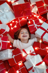 the happy little kid is in between the red and white gift boxes for x'mas party in the decorated living room graphic picture of the christmas decoration party