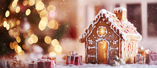 banner of ginger bread village candies and cream decoration for x'mas party in the decorated living room graphic picture of the christmas decoration party