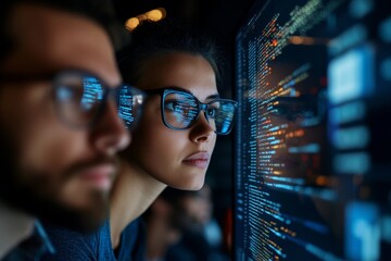 Two professionals intently focus on computer screens displaying code, showcasing collaboration and concentration in a tech-driven workspace.