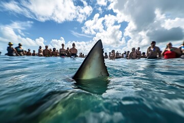 Wall Mural - intriguing shark fin with people nearby