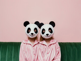 Close-up of two children, one boy and one girl, joyfully wearing panda masks and bamboo pajamas.