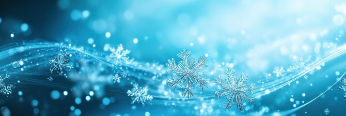 Wall Mural - Delicate snowflakes shimmer with a mystical glow, surrounded by gentle blue light, evoking a tranquil winter wonderland ambiance. Generative AI