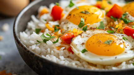 Fried egg over rice, asian delicious closeup, lunch meal dish food, tasty cuisine traditional, homemade oriental thai