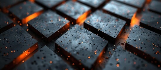 Wall Mural - a close-up shot of a grid of gray concrete blocks with glowing orange light underneath.