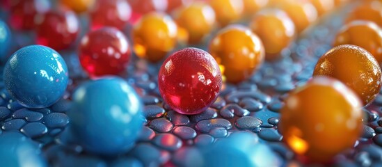 Poster - close-up of colorful glossy spheres arranged on blue pebbles.