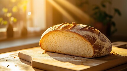 A golden-brown loaf of bread resting on a wooden cutting board in warm sunlight.