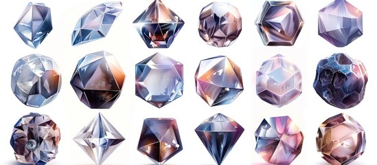 Poster - a collection of 18 unique and colorful geometric crystals with various shapes, reflecting light on a