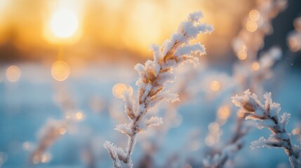 Wall Mural - A close-up of frosty grass illuminated by the warm glow of the sunrise.