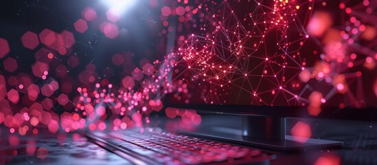Wall Mural - abstract digital network glowing on a computer screen with a keyboard in the foreground.