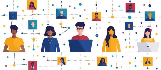 Wall Mural - diverse group of people are connected in a network, each with their own profile picture.