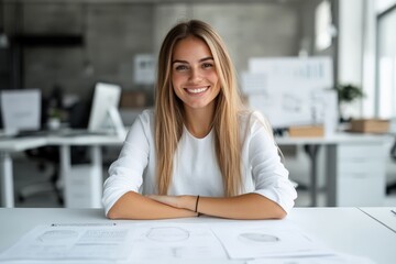 A professional woman with blonde hair sits at a desk with documents, exuding intelligence and confidence in a bright, modern office environment.