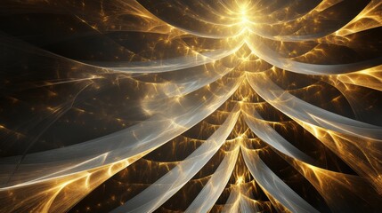 Fototapete - This abstract artwork portrays a shimmering Christmas tree with radiant golden rays, evoking a warm holiday spirit during the festive season. Generative AI