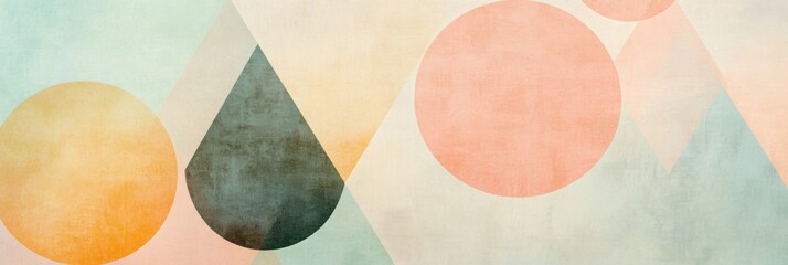 Wall Mural - Colorful geometric shapes in circles and triangles blend harmoniously against a soft pastel backdrop, evoking a serene artistic ambiance. Generative AI