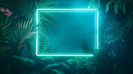 Tropical leaves framed with neon light creating a modern jungle atmosphere