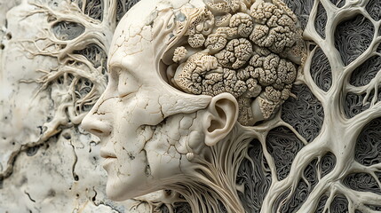 Poster - Intricate abstract sculpture of a human head representing complexity and connection between mind and nature