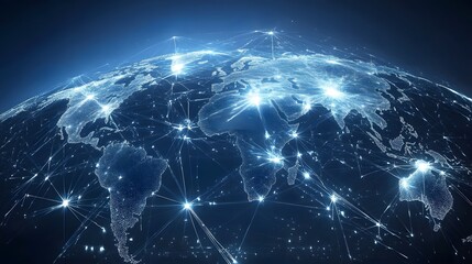 Poster - A glowing blue world map with continents outlined in white, with dark blue ocean and abstract energy lines.