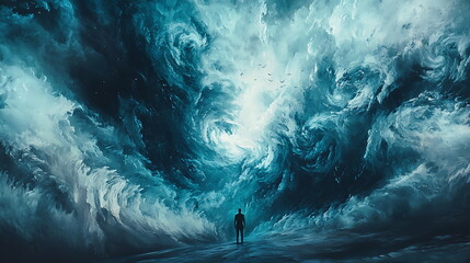 Aufkleber - A solitary figure confronts the power of nature amidst turbulent blue swirling clouds a journey through chaos and calm