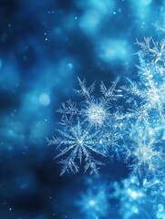 Poster - Delicate snowflakes glisten and shimmer against a deep blue backdrop, evoking the tranquility of a winter's day. Generative AI