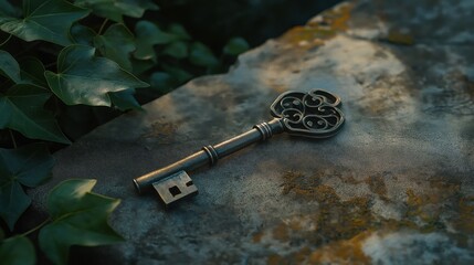 A decorative vintage key resting on a weathered stone surface surrounded by green ivy.