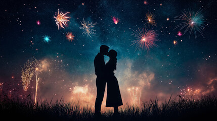 Enchanting new year fireworks sky, tender couple kiss silhouette, romantic together celebration, passionate love two happy, timeless romance unfolds