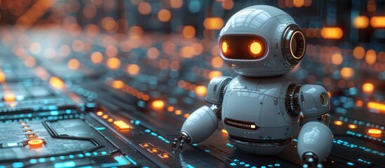 Wall Mural - a small, white robot with glowing orange eyes sits on a futuristic circuit board with colorful light