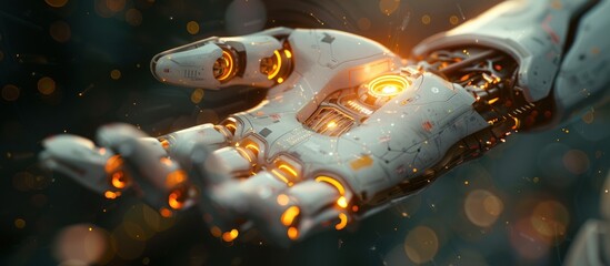 Wall Mural - close-up of a robotic hand with glowing lights and intricate mechanisms, set against a dark backgrou
