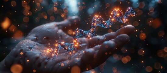 Wall Mural - a glowing dna strand is held in the palm of a hand, surrounded by twinkling lights.
