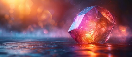 Wall Mural - a glowing, faceted crystal sits on a reflective surface with a blurred bokeh background.