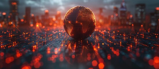 Sticker - a red-hot earth globe sits atop a glowing city skyline, a symbolic representation of our interconnec