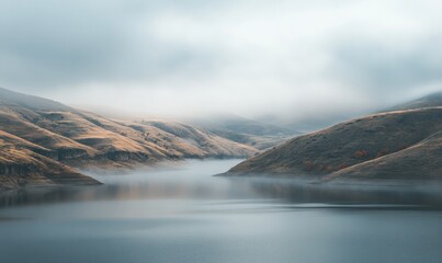 A foggy mountain range with a lake in the foreground