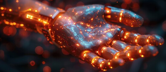 Wall Mural - close up of a glowing robotic hand with a dark background.