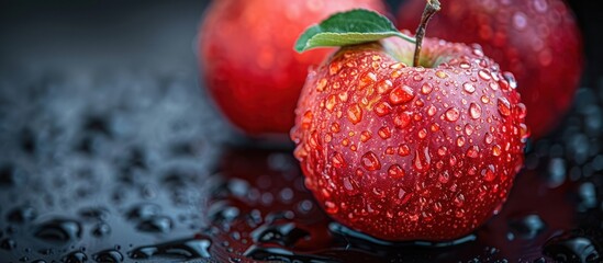 Wall Mural - Close-up of a red apple covered in water droplets, with a blurred red apple behind it and water drops on the background.