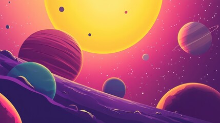 Wall Mural - 3d cartoon rendering depicting a panoramic view of planets in a distant solar system in space