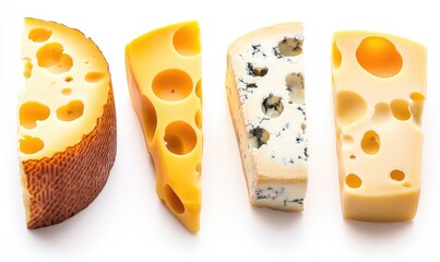 Four different types of cheese are shown, including a yellow cheese with holes