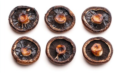 A close up of six mushrooms with a burnt crust