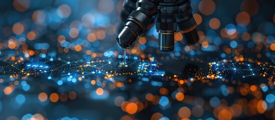 Sticker - a microscope lens is focused on a digital network of connections and glowing dots, with an out-of-fo