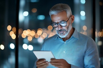 A mature man deeply engaged in reading on a digital tablet against a bokeh background that highlights technology, modern lifestyle, and intellectual curiosity.