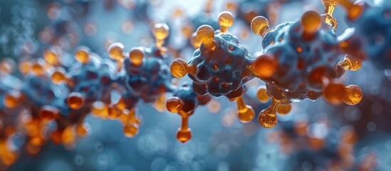 Poster - abstract 3d rendering of a molecule with blue and orange spheres.