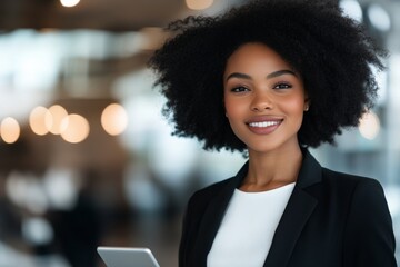 A smiling woman stands confidently in a contemporary office holding a digital tablet, representing modernity, technology, and a positive work environment with innovation.