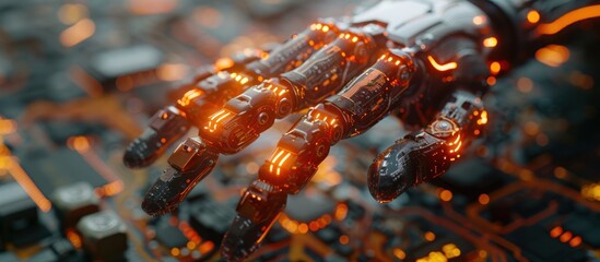 Wall Mural - Close-up of a futuristic robotic hand with glowing orange lights and intricate details, set against a blurred background of circuit boards.
