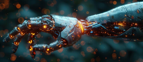 Wall Mural - a robotic hand with glowing orange lights and a metallic finish against a blue and orange bokeh back